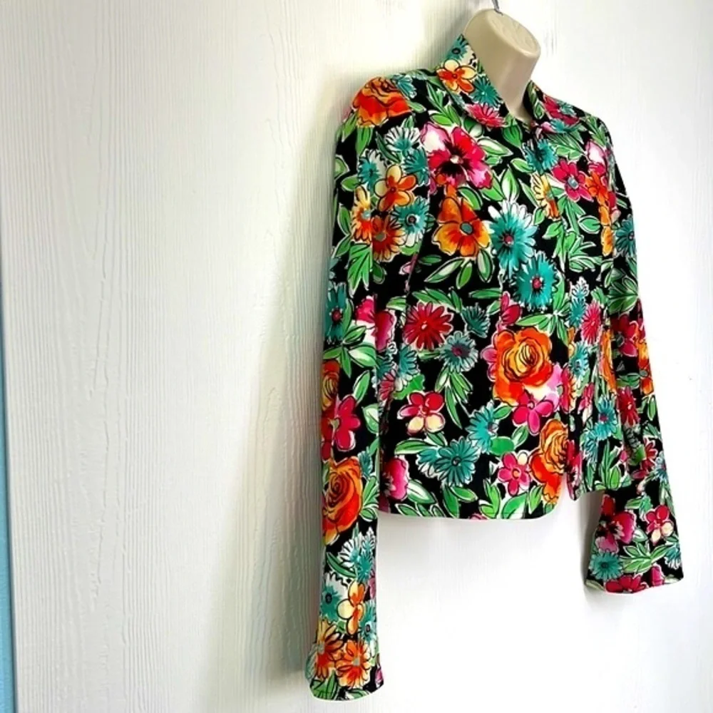 Anthracite - Bright Bold Floral Zip Up Shoulder Pad Blazer Size 4